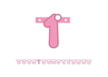 Festone Buon 1° Compleanno Bambina Fucsia , Rosa e bianco   - L 215 x 15 cm H - Big Party  -  1 pz