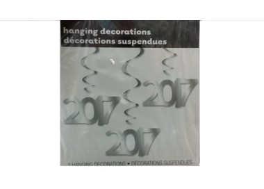 Festone filare a sospendere CAPODANNO 2017 - 3 filari con aspirali e numero 2017 - 70 cm H - Colore Argento -  3 pezzi Unique