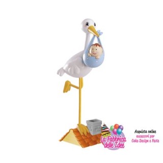 Personaggi per Torte: Cicogna Nascita Bimbo / Cake Topper / STATUINA CICOGNA BIMBO per Nascita (Maschio) - L 4 cm x H 14 cm - 1