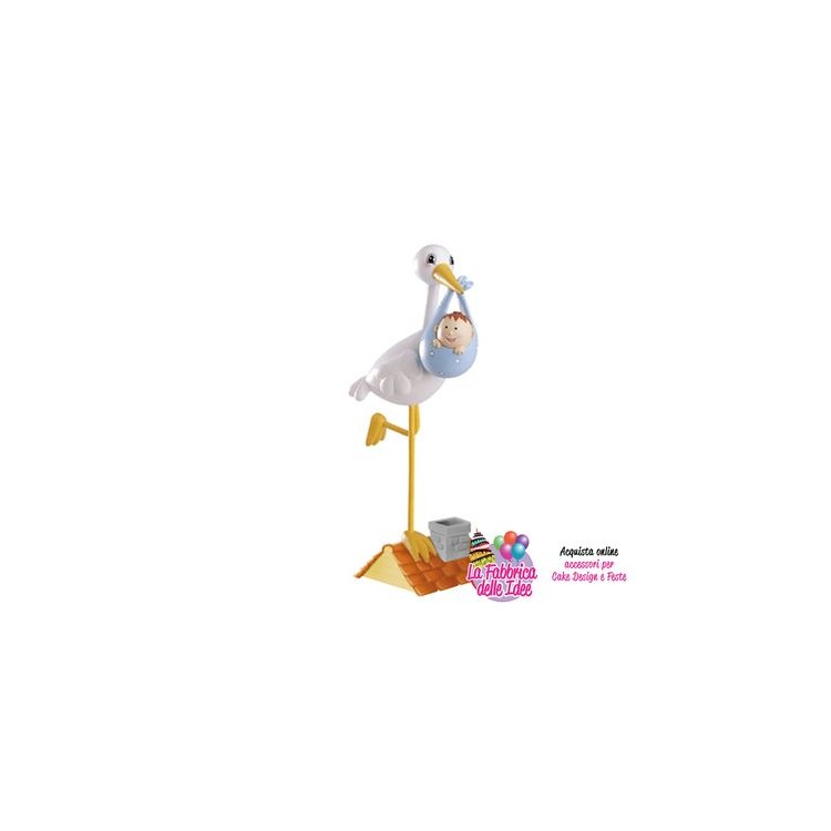 Personaggi per Torte: Cicogna Nascita Bimbo / Cake Topper / STATUINA CICOGNA BIMBO per Nascita (Maschio) - L 4 cm x H 14 cm - 1