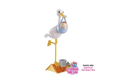 Personaggi per Torte: Cicogna Nascita Bimbo / Cake Topper / STATUINA CICOGNA BIMBO per Nascita (Maschio) - L 4 cm x H 14 cm - 1