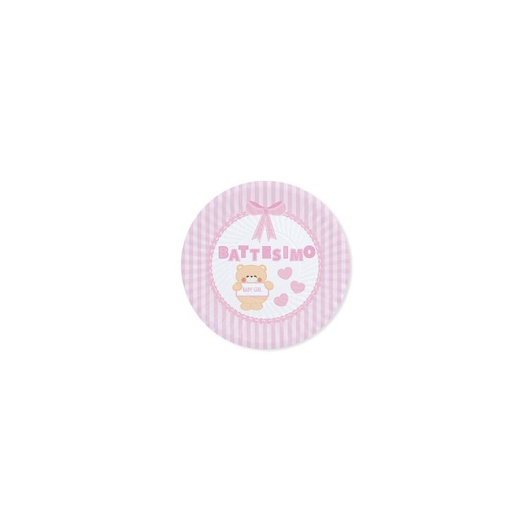 PIATTI BATTESIMO PICCOLI ROSA  E BIANCHI - Diametro 18 cm - Confez. 8 pezzi