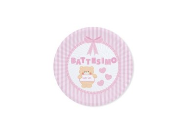 PIATTI BATTESIMO PICCOLI ROSA  E BIANCHI - Diametro 18 cm - Confez. 8 pezzi