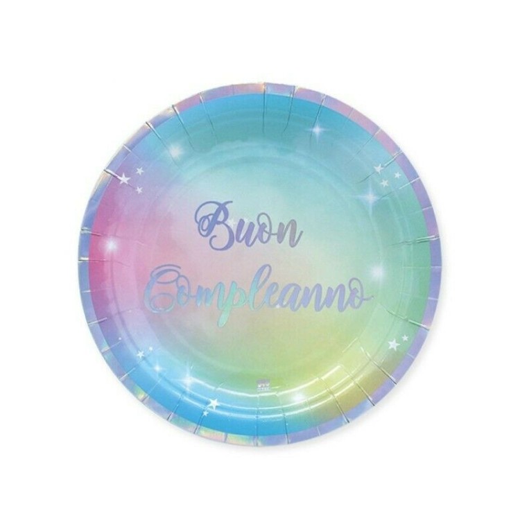 PIATTI BUON COMPLEANNO RAINBOW PICCOLI  - Diametro 18 cm - Confez. 8 pezzi