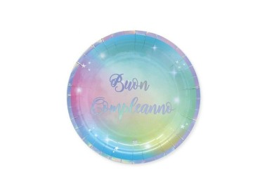 PIATTI BUON COMPLEANNO RAINBOW PICCOLI  - Diametro 18 cm - Confez. 8 pezzi