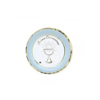 PIATTI COMUNIONE BIMBO PICCOLI CELESTE  BIANCHI e ORO  - Diametro 18 cm - Confez. 8 pezzi