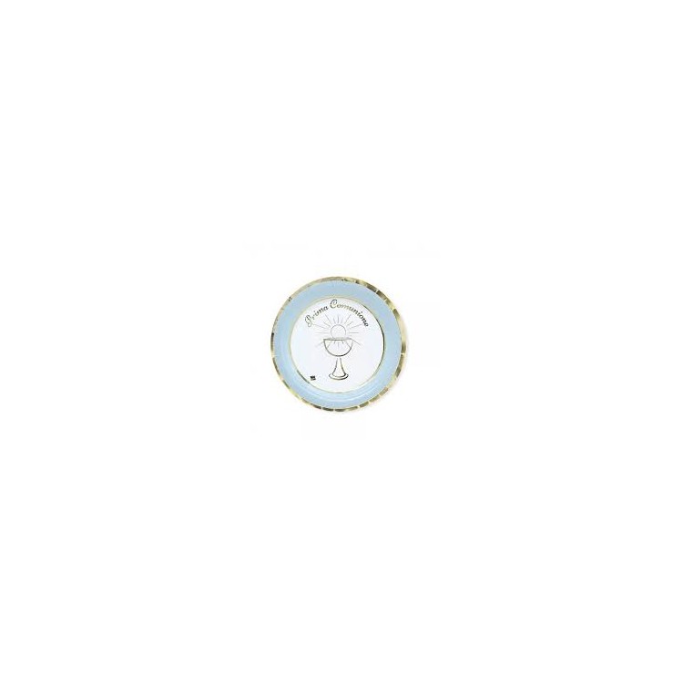 PIATTI COMUNIONE BIMBO PICCOLI CELESTE  BIANCHI e ORO  - Diametro 18 cm - Confez. 8 pezzi