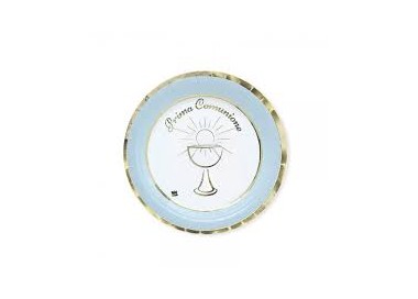PIATTI COMUNIONE BIMBO PICCOLI CELESTE  BIANCHI e ORO  - Diametro 18 cm - Confez. 8 pezzi