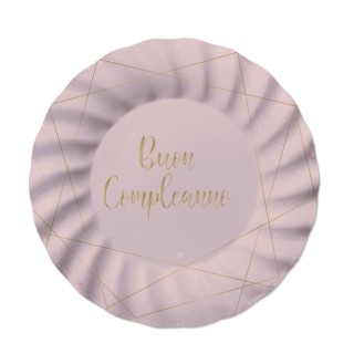 PIATTI GRANDI  ROSA ONDULATI IN CARTONCINO   BUON COMPLEANNO DONNA  con scritta (BUON COMPLEANNO  ) in oro    - Diametro 25 cm 