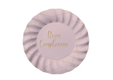 PIATTI GRANDI  ROSA ONDULATI IN CARTONCINO   BUON COMPLEANNO DONNA  con scritta (BUON COMPLEANNO  ) in oro    - Diametro 25 cm 