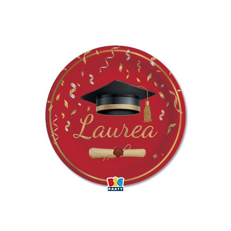 Piatti LAUREA con scritta ( Laurea ) ROSSO E ORO - diametro 18 cm - 8 pezzi