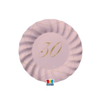 PIATTI PICCOLI  ROSA  ONDULATI IN CARTONCINO  30° compleanno  in oro    - Diametro 18 cm - Confez. 8 pezzi