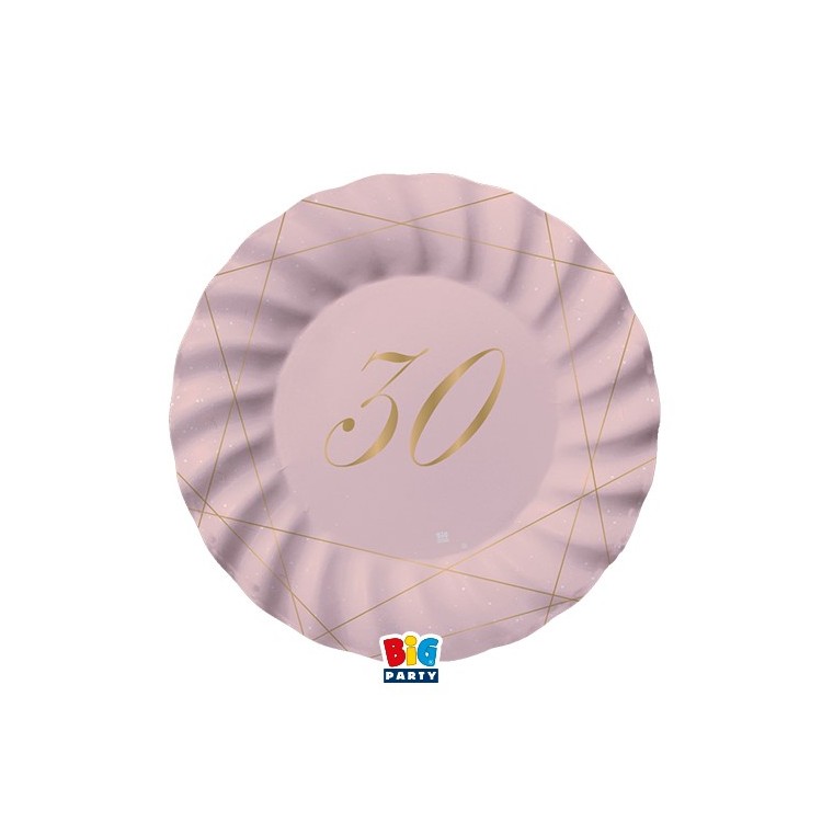PIATTI PICCOLI  ROSA  ONDULATI IN CARTONCINO  30° compleanno  in oro    - Diametro 18 cm - Confez. 8 pezzi