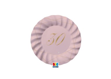 PIATTI PICCOLI  ROSA  ONDULATI IN CARTONCINO  30° compleanno  in oro    - Diametro 18 cm - Confez. 8 pezzi