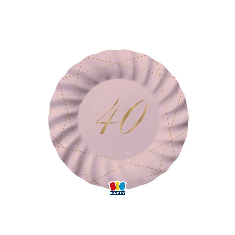 PIATTI PICCOLI  ROSA  ONDULATI IN CARTONCINO  40° compleanno  in oro    - Diametro 18 cm - Confez. 8 pezzi