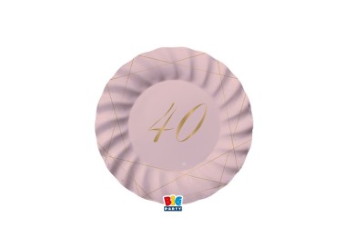PIATTI PICCOLI  ROSA  ONDULATI IN CARTONCINO  40° compleanno  in oro    - Diametro 18 cm - Confez. 8 pezzi