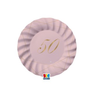 PIATTI PICCOLI  ROSA  ONDULATI IN CARTONCINO  50° compleanno  in oro    - Diametro 18 cm - Confez. 8 pezzi