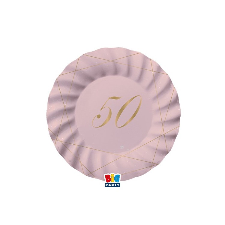 PIATTI PICCOLI  ROSA  ONDULATI IN CARTONCINO  50° compleanno  in oro    - Diametro 18 cm - Confez. 8 pezzi
