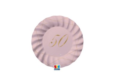 PIATTI PICCOLI  ROSA  ONDULATI IN CARTONCINO  50° compleanno  in oro    - Diametro 18 cm - Confez. 8 pezzi
