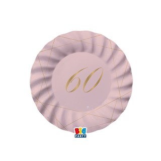 PIATTI PICCOLI  ROSA  ONDULATI IN CARTONCINO  60° compleanno  in oro    - Diametro 18 cm - Confez. 8 pezzi
