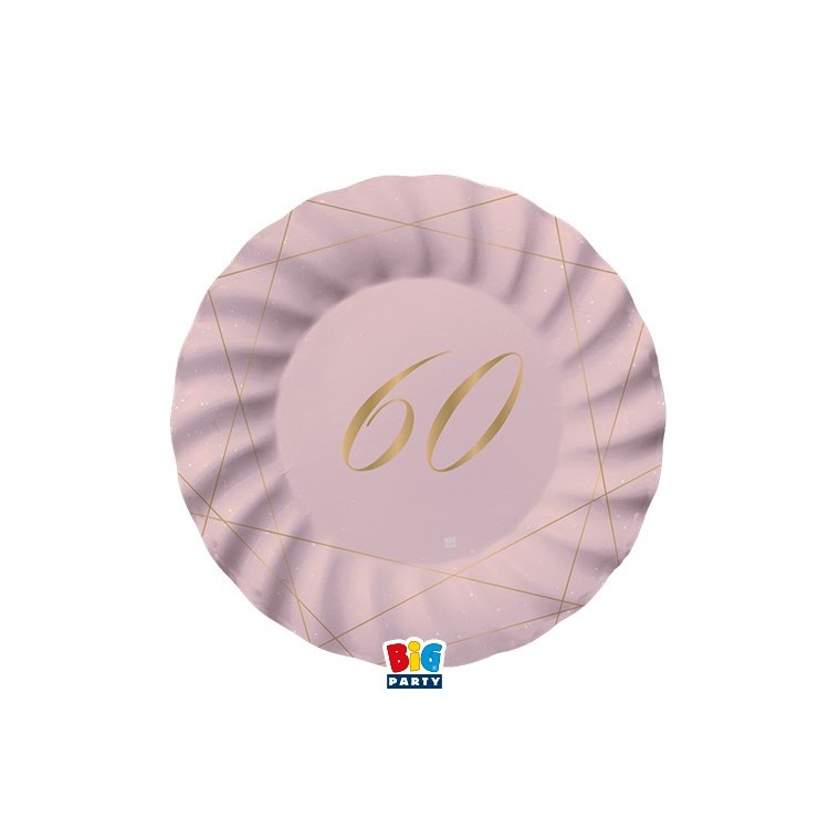 PIATTI PICCOLI  ROSA  ONDULATI IN CARTONCINO  60° compleanno  in oro    - Diametro 18 cm - Confez. 8 pezzi