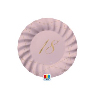PIATTI PICCOLI  ROSA ONDULATI IN CARTONCINO   18° compleanno  in oro    - Diametro 18 cm - Confez. 8 pezzi