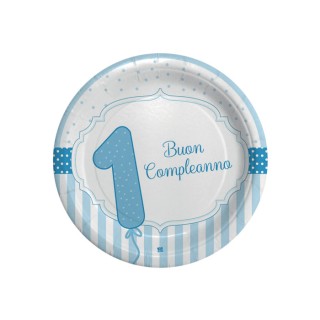 Piatti piccolo Primo Compleanno Bimbo (NEW ) -Celeste   e bianco - Diam. 18 cm - Confez. 8 pezzi - BIG PARTY