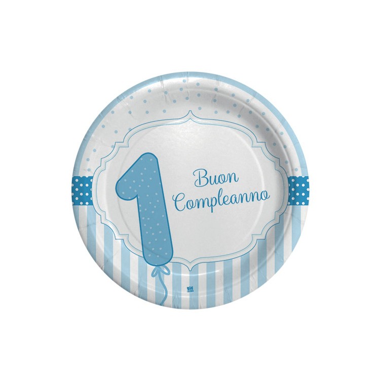 Piatti piccolo Primo Compleanno Bimbo (NEW ) -Celeste   e bianco - Diam. 18 cm - Confez. 8 pezzi - BIG PARTY