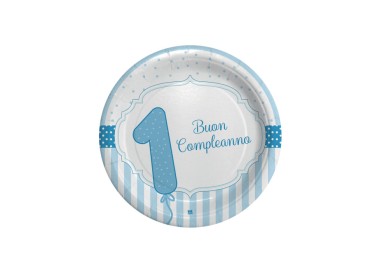 Piatti piccolo Primo Compleanno Bimbo (NEW ) -Celeste   e bianco - Diam. 18 cm - Confez. 8 pezzi - BIG PARTY