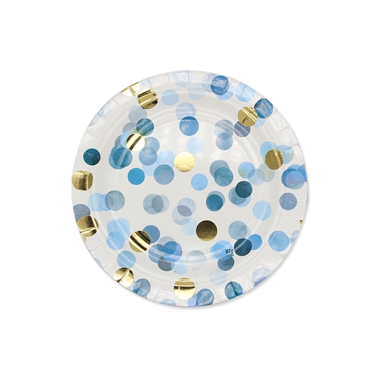 Piattini dolce carta coriandoli celesti e oro pz 8 18cm Big Paty