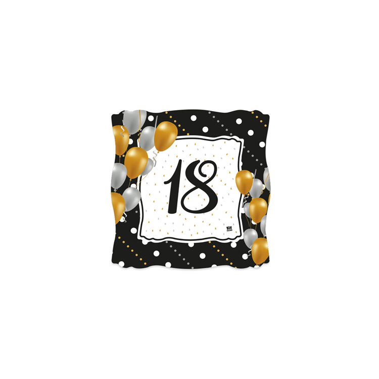 Piattini in cartoncino quadrati  18 anni Nero Oro Bianco e Argento - 8 pezzi - 19 cm x 19  cm