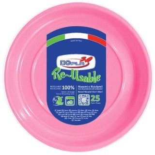 25 PIATTI DI PLASTICA COLORATI LAVABILI RIUTILIZZABILI  ROSA Ø22 CM DOPLA