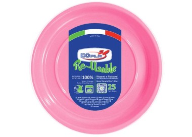 25 PIATTI DI PLASTICA COLORATI LAVABILI RIUTILIZZABILI  ROSA Ø22 CM DOPLA