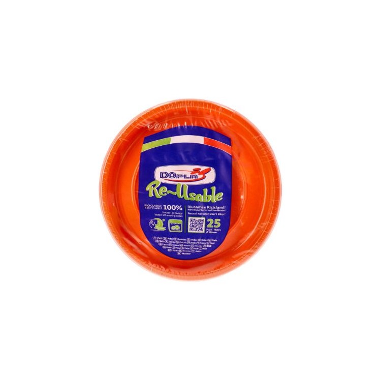 25 PIATTI DI PLASTICA COLORATI LAVABILI RIUTILIZZABILI ARANCIONI Ø22 CM DOPLA