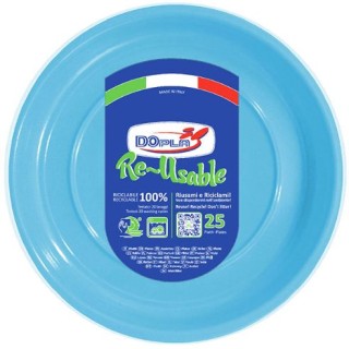 25 PIATTI DI PLASTICA COLORATI LAVABILI RIUTILIZZABILI AZZURRI Ø22 CM DOPLA