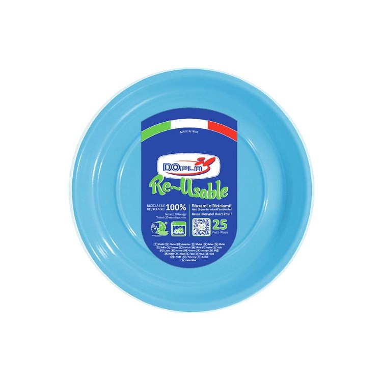 25 PIATTI DI PLASTICA COLORATI LAVABILI RIUTILIZZABILI AZZURRI Ø22 CM DOPLA