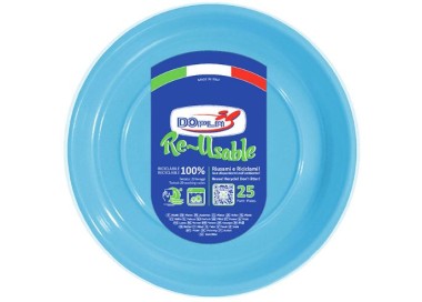 25 PIATTI DI PLASTICA COLORATI LAVABILI RIUTILIZZABILI AZZURRI Ø22 CM DOPLA