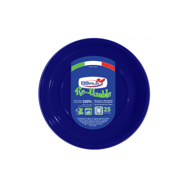 25 PIATTI DI PLASTICA COLORATI LAVABILI RIUTILIZZABILI BLU Ø22 CM DOPLA