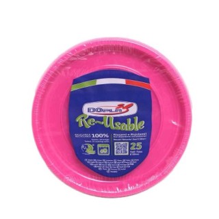 25 PIATTI DI PLASTICA COLORATI LAVABILI RIUTILIZZABILI FUCSIA Ø22 CM DOPLA