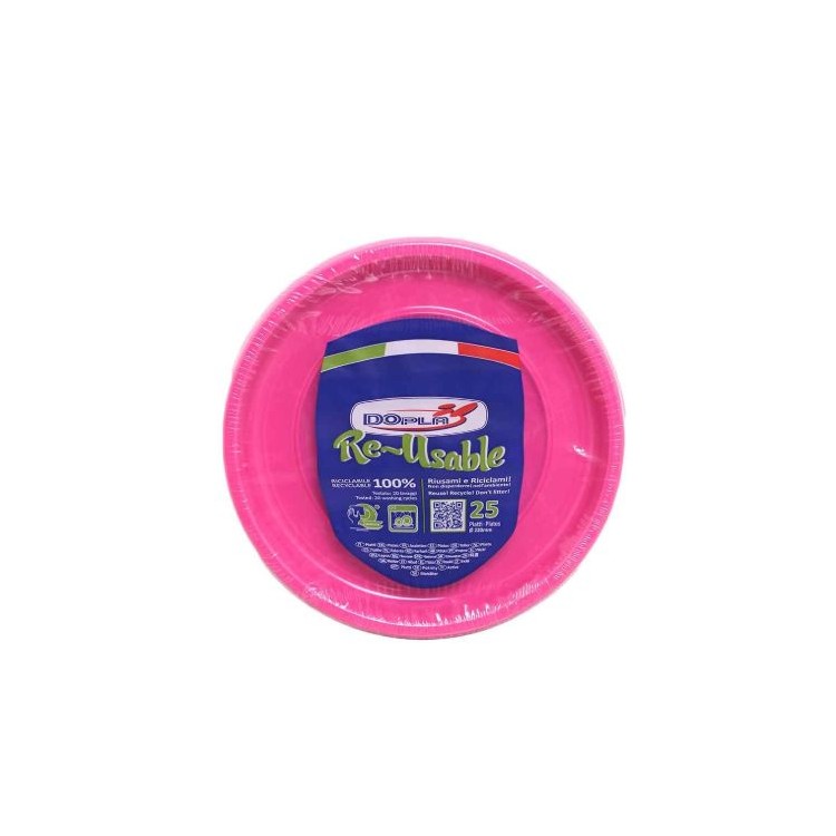 25 PIATTI DI PLASTICA COLORATI LAVABILI RIUTILIZZABILI FUCSIA Ø22 CM DOPLA