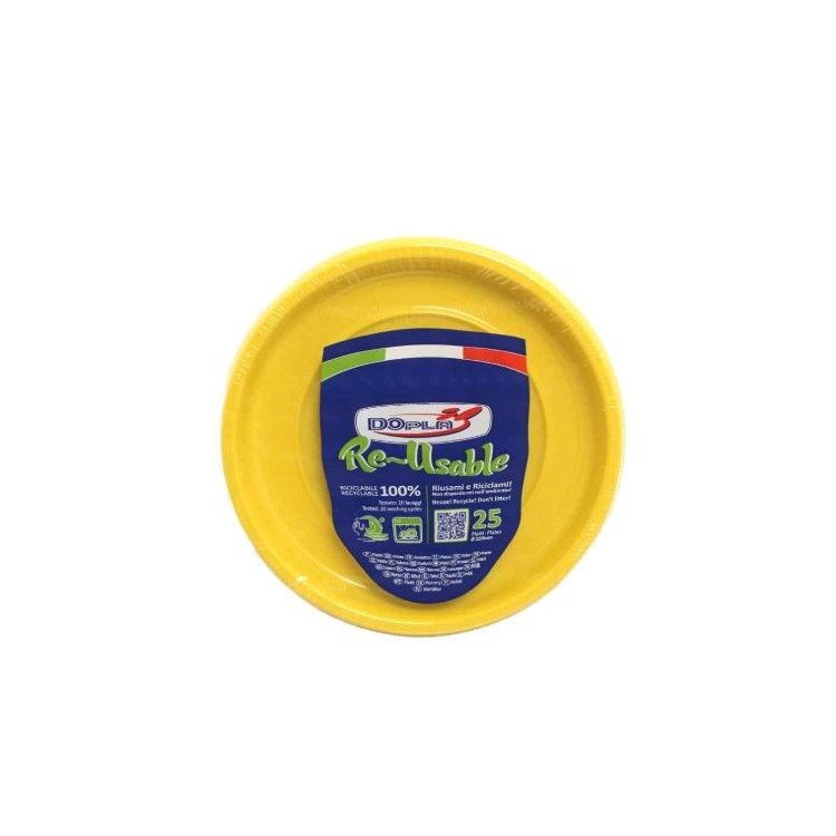 25 PIATTI DI PLASTICA COLORATI LAVABILI RIUTILIZZABILI GIALLI Ø22 CM DOPLA