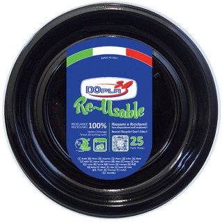 25 PIATTI DI PLASTICA COLORATI LAVABILI RIUTILIZZABILI NERO Ø22 CM DOPLA