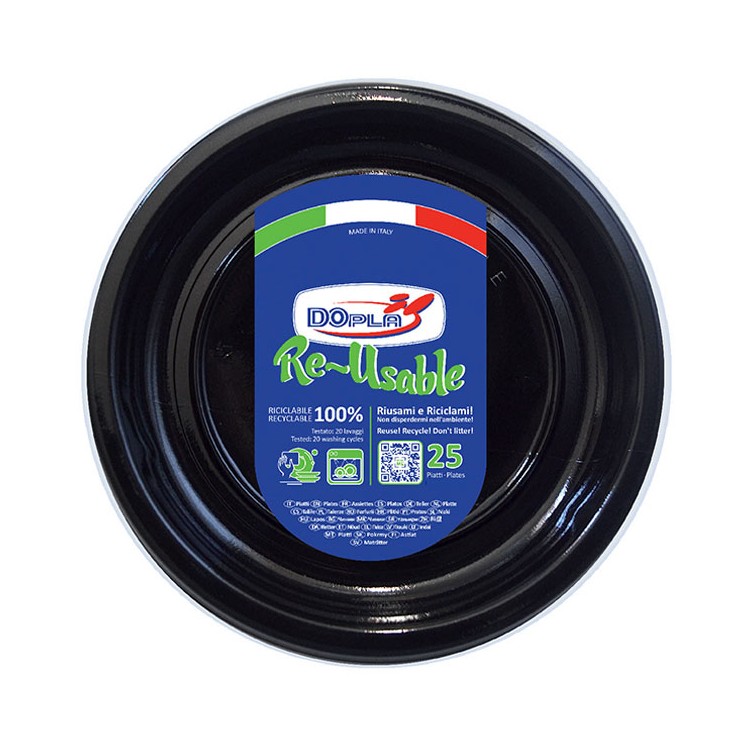 25 PIATTI DI PLASTICA COLORATI LAVABILI RIUTILIZZABILI NERO Ø22 CM DOPLA