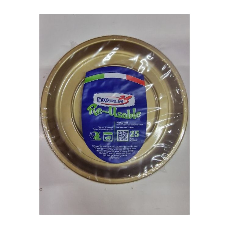 25 PIATTI DI PLASTICA COLORATI LAVABILI RIUTILIZZABILI ORO Ø22 CM DOPLA