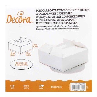 Scatola Quadrata porta torta o dolcetti  con manico  Con Vassoio argento da 3 mm - in cartone bianco - 26 cm x 26 cm h 12 - 1 pz Vassoio 26 cm x 26 cm h 3 mm 1 pz  - DECORA