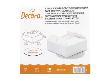 Scatola Quadrata porta torta o dolcetti  con manico  Con Vassoio argento da 3 mm - in cartone bianco - 26 cm x 26 cm h 12 - 1 pz Vassoio 26 cm x 26 cm h 3 mm 1 pz  - DECORA