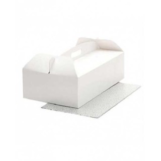 Scatola Rettangolare porta torta o dolcetti  con manico  Con Vassoio argento da 3 mm - in cartone bianco - 36 cm x 21 cm h 12 -