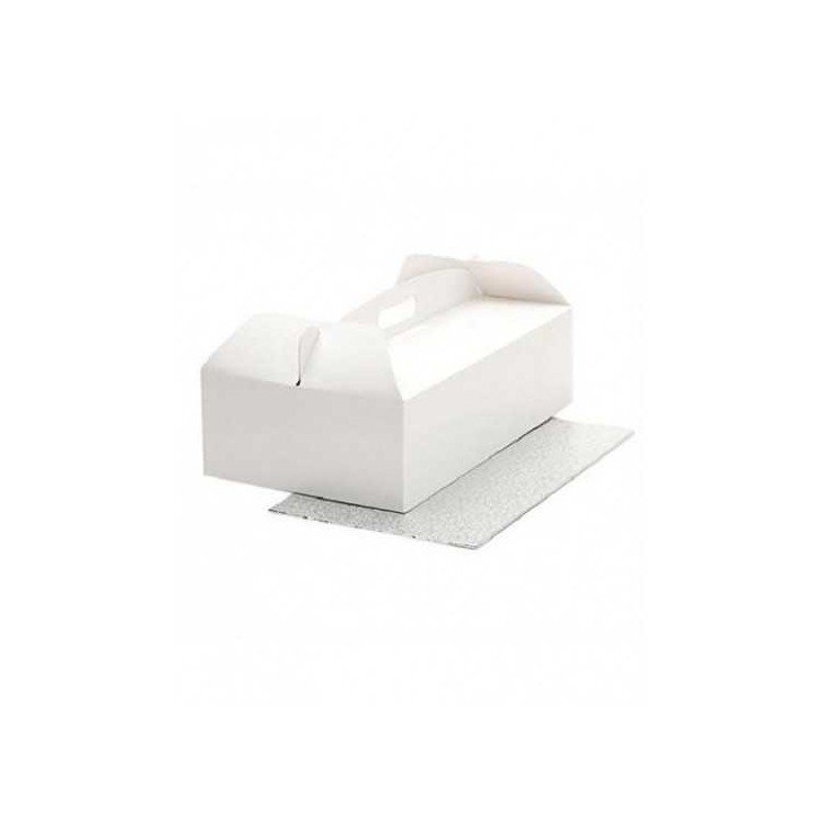 Scatola Rettangolare porta torta o dolcetti  con manico  Con Vassoio argento da 3 mm - in cartone bianco - 36 cm x 21 cm h 12 - 1 pz Vassoio 36 cm x 21 cm h 3 mm 1 pz  - DECORA