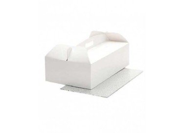Scatola Rettangolare porta torta o dolcetti  con manico  Con Vassoio argento da 3 mm - in cartone bianco - 36 cm x 21 cm h 12 - 1 pz Vassoio 36 cm x 21 cm h 3 mm 1 pz  - DECORA