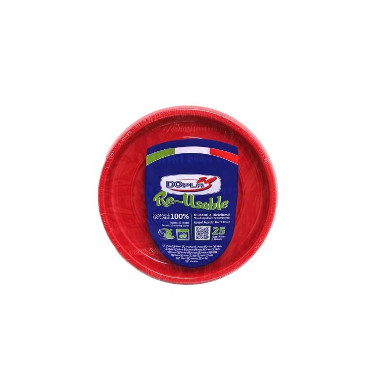 25 PIATTI DI PLASTICA COLORATI LAVABILI RIUTILIZZABILI ROSSI  Ø22 CM DOPLA